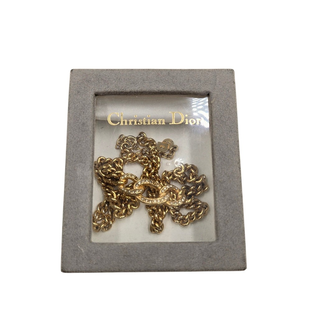 Christian Dior Gold Tone Chain Necklace Crystal Interlocking Oval Links - Picture 3 of 9